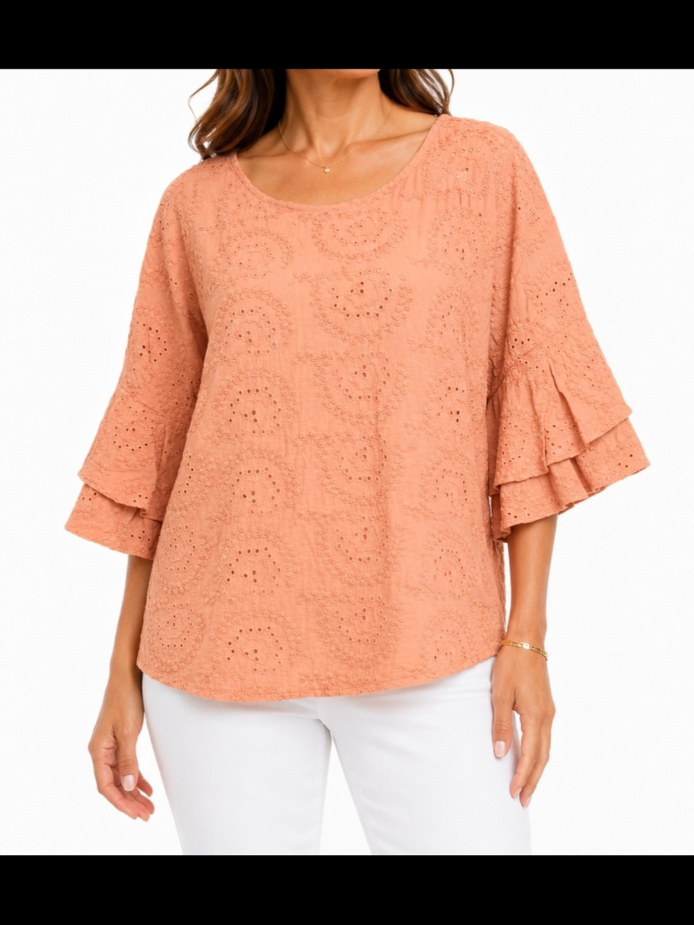 Eyelet Ruffle-Sleeve Top in Peach